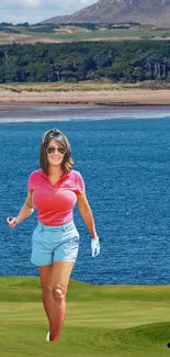 Golfer on a scenic golf course by the ocean.