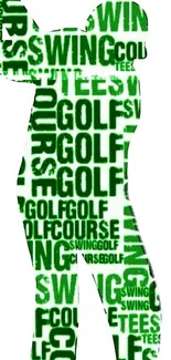 Golf silhouette filled with green sports-themed word art for mobile wallpaper.