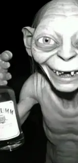 Gollum-like character holding a bottle in black and white.