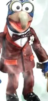 Gonzo from Muppets in a stylish suit holding a prop weapon.