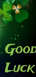 Vibrant green shamrock wallpaper with 'Good Luck' text.