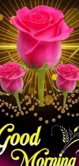 Vibrant pink rose with 'Good Morning' text wallpaper.