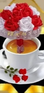 Good morning wallpaper with roses and tea cup.