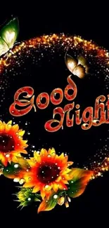 Good Night message with vibrant flowers and butterflies on a dark background.