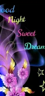 Vibrant floral 'Good Night Sweet Dreams' wallpaper with dark background.