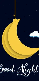 Yellow crescent moon with 'Good Night' text on a dark blue starry background.