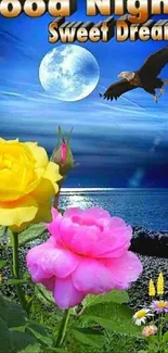 Good Night Sweet Dreams with moonlit roses and eagle on water.