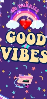 Vibrant Good Vibes retro wallpaper with purple backdrop and nostalgic elements.