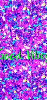 Vibrant star pattern with 'Good Vibes' text on pink background.