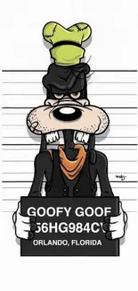 Goofy cartoon in arrest lineup background.