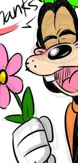 Cartoon Goofy holding a pink flower saying thanks.