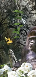 Gorilla with butterfly in lush jungle setting.