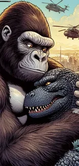 Gorilla and dinosaur hug in city with helicopters.