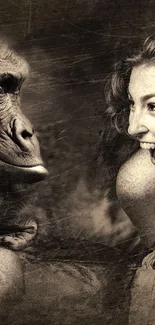 Sepia-toned wallpaper of a gorilla and woman in expressive interaction.