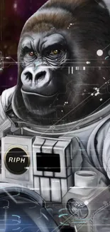 Gorilla dressed as astronaut in space artwork.