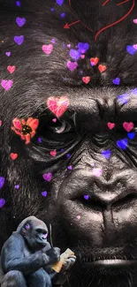 Wallpaper featuring a gorilla with vibrant heart designs, blending art and nature.