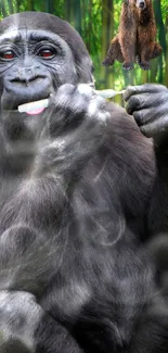 Gorilla in bamboo forest with a playful element.