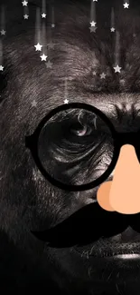 Gorilla wearing disguise with glasses and mustache in a dark-themed wallpaper.