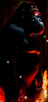 Gorilla amid glowing flames in forest wallpaper.