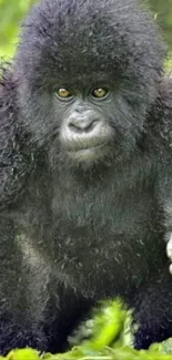 Young gorilla amidst vibrant green foliage.