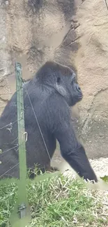 Gorilla sitting in natural habitat with earthy tones.