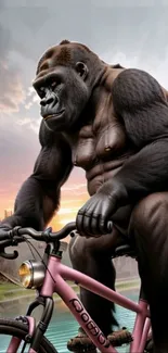 Gorilla riding a bicycle in artistic nature setting.