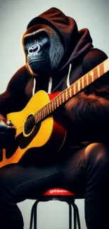 Gorilla in hoodie playing a guitar in artistic style.