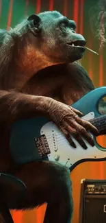 Gorilla playing electric guitar in colorful scene.