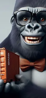 Funny gorilla wearing glasses and holding a shipping box.