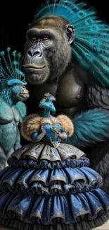 Gorillas in blue with elegant attire and feather details in a digital art wallpaper.