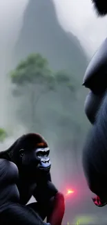 Two gorillas in a misty forest with a serene, artistic feel.