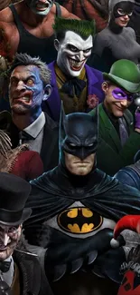 Gotham characters wallpaper with heroes and villains in vibrant colors.