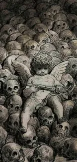 Gothic angel sits amidst rows of skulls.