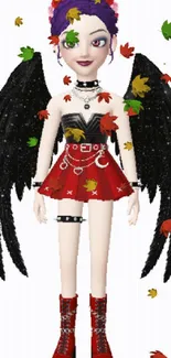 A Gothic avatar with purple hair, black wings, and red skirt on white background.