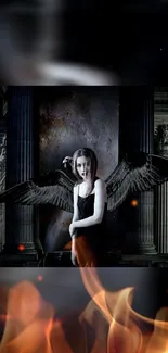 Gothic angel with dark wings and fiery background in a dramatic art scene.