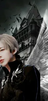 Gothic angel with wings before a dark castle