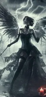 Gothic angel with dark wings in a storm.