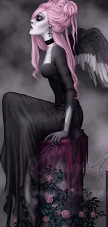 Gothic angel with pink hair and wings on a dark backdrop mobile wallpaper.