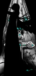 Silhouette of a gothic angel with a turquoise jeweled cross on a black background.