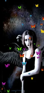 Gothic angel with wings in a colorful cosmic setting.