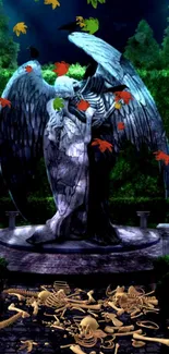 Gothic angel statue with autumn leaves in a mystical garden setting.