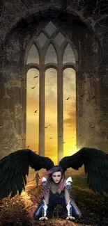 Gothic fantasy wallpaper featuring angel at sunset with dark wings.