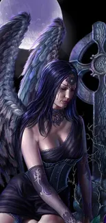 Dark angel with wings in a mystical scene.