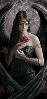 Gothic angel with black wings holding a rose.