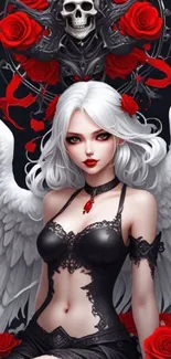 Gothic angel with wings and roses in dramatic artwork.