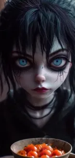 Gothic animated character with striking blue eyes and dark attire in a moody setting.