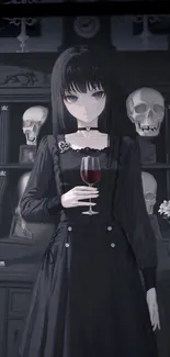 Gothic anime wallpaper with mysterious character holding a glass of wine.