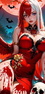 Gothic anime angel with red wings under moonlight.