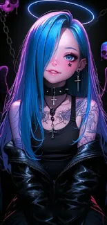 Gothic anime angel with blue hair and wings.