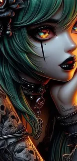 Gothic anime character with teal hair